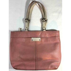 Coach Outlet F13093 Pink Pebbled Leather‎ Tote Bag Ivory Straps Zip Top